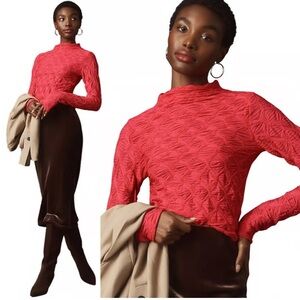 ANTHROPOLOGIE MAEVE HOT PINK MOCK NECK STRETCH SEMI SHEER BLOUSE Size L